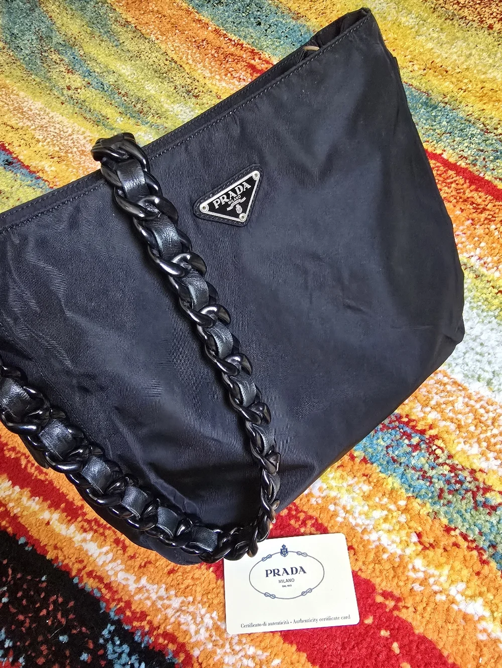 Authentic Prada Nylon Black Shoulder Bag with Braided Leather Chain Strap - Picture 2 of 16